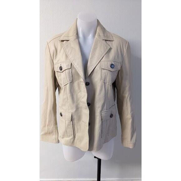 Chicos Womens Size 1 Leather Moto Jacket Tan Button Up Pockets - Picture 2 of 6